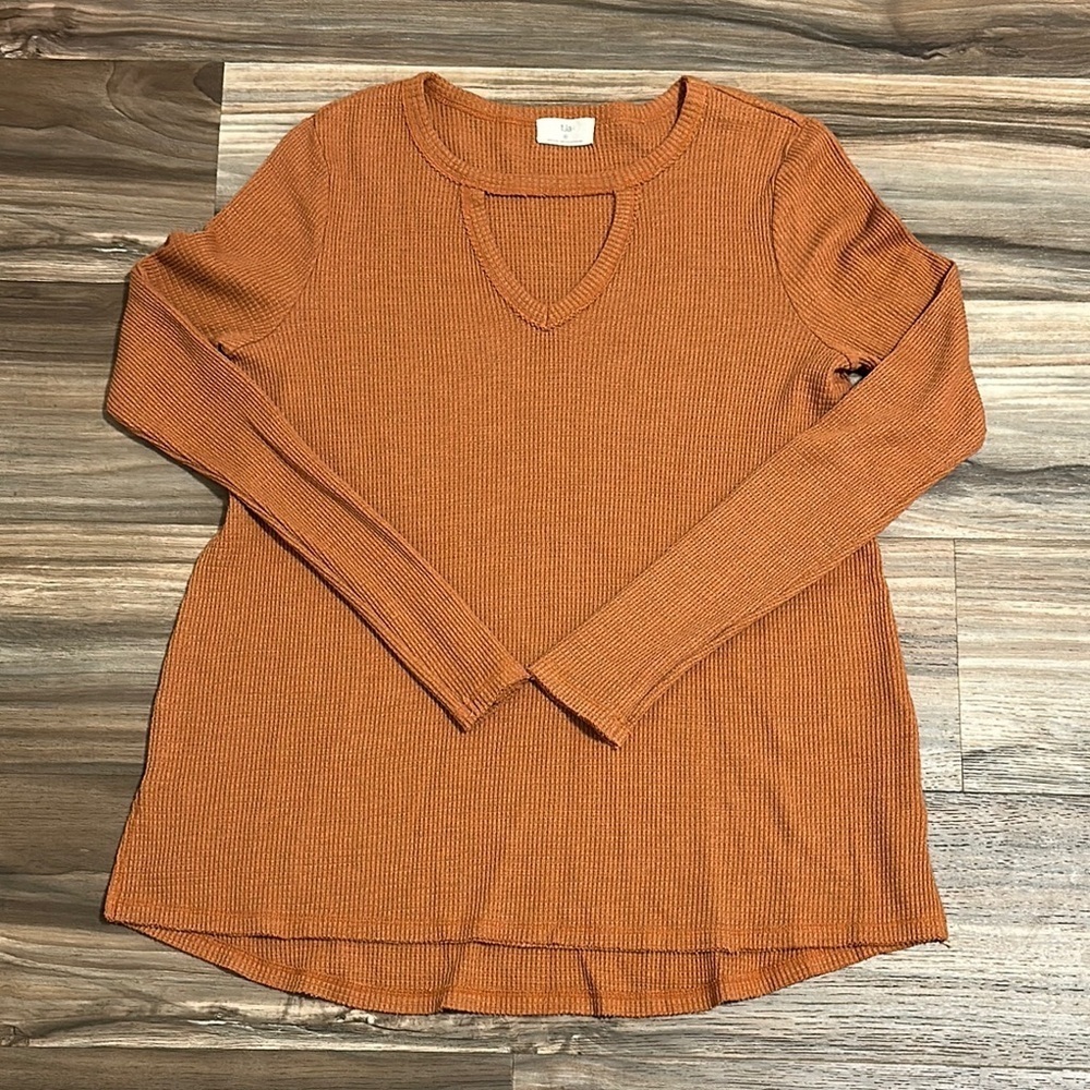 T.la Anthropologie Shirt Nadia Shirt •S• Orange Waffle Knit Cut-Out Tunic Top